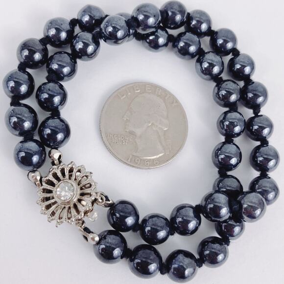 VTG Mid Century Bracelet Black Glass Double Strand Rhinestone Silver Tone Clasp - Picture 9 of 10